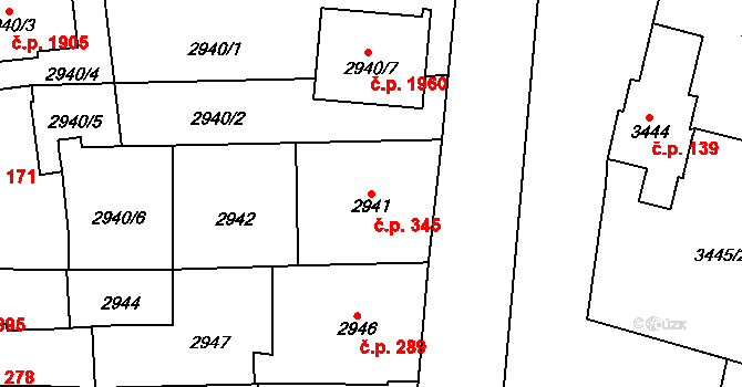 Řečkovice 345, Brno na parcele st. 2941 v KÚ Řečkovice, Katastrální mapa