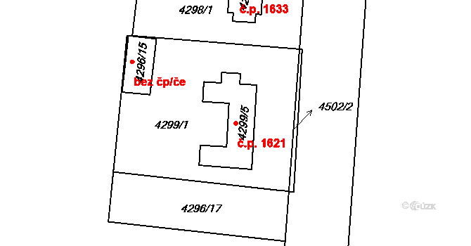 Horní Počernice 1621, Praha 6 na parcele st. 4299/5 v KÚ Horní Počernice, Katastrální mapa