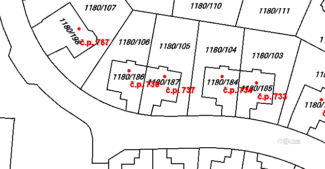Nebušice 737, Praha na parcele st. 1180/187 v KÚ Nebušice, Katastrální mapa