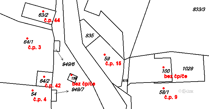 Masojedy 15 na parcele st. 59 v KÚ Masojedy, Katastrální mapa