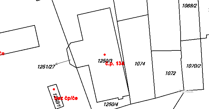 Hulín 134 na parcele st. 1250/3 v KÚ Hulín, Katastrální mapa