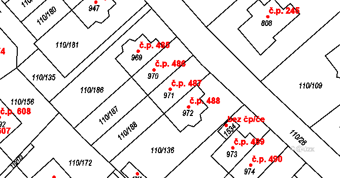 Dolní Jirčany 487, Psáry na parcele st. 971 v KÚ Dolní Jirčany, Katastrální mapa