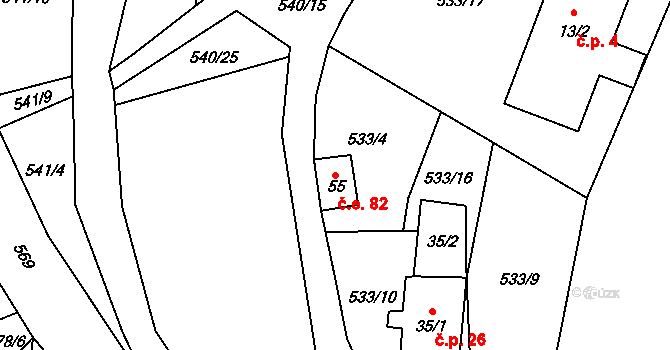 Nivy 82, Děpoltovice na parcele st. 55 v KÚ Nivy, Katastrální mapa