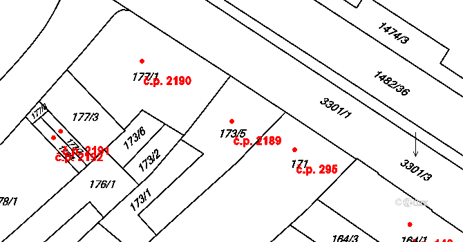 Benešov 2189 na parcele st. 173/5 v KÚ Benešov u Prahy, Katastrální mapa