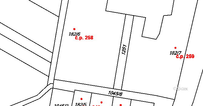 Bohdíkov 258 na parcele st. 182/6 v KÚ Dolní Bohdíkov, Katastrální mapa
