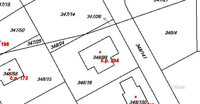 Jenišov 204 na parcele st. 348/98 v KÚ Jenišov, Katastrální mapa