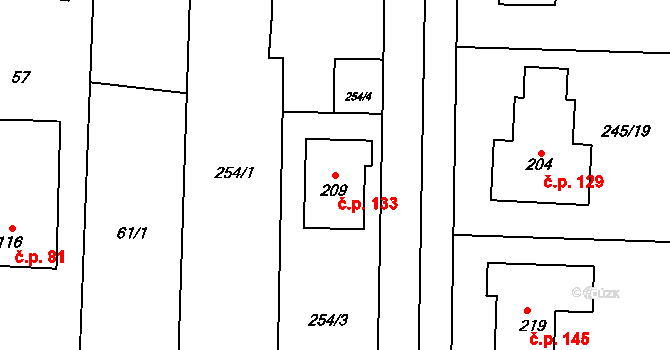 Senička 133 na parcele st. 209 v KÚ Senička, Katastrální mapa