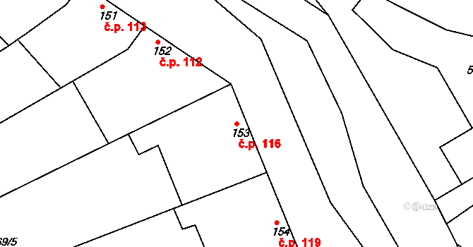 Milonice 116 na parcele st. 153 v KÚ Milonice, Katastrální mapa