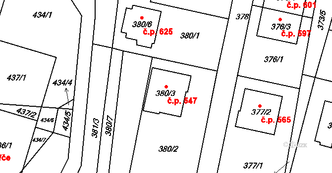 Želechovice nad Dřevnicí 547 na parcele st. 380/3 v KÚ Želechovice nad Dřevnicí, Katastrální mapa