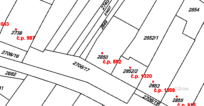 Hluk 592 na parcele st. 2850 v KÚ Hluk, Katastrální mapa