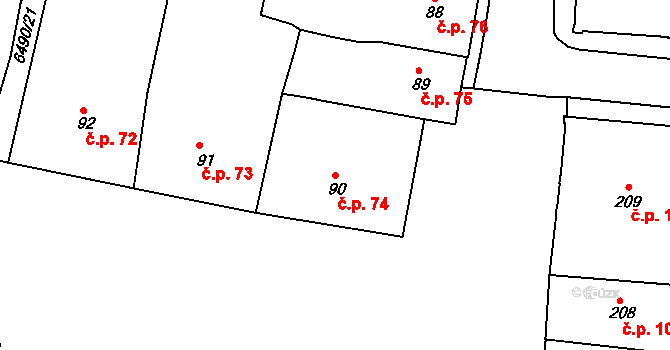 Uherský Brod 74 na parcele st. 90 v KÚ Uherský Brod, Katastrální mapa