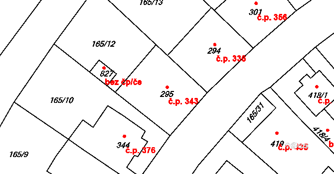 Rudná 343 na parcele st. 295 v KÚ Dušníky u Rudné, Katastrální mapa