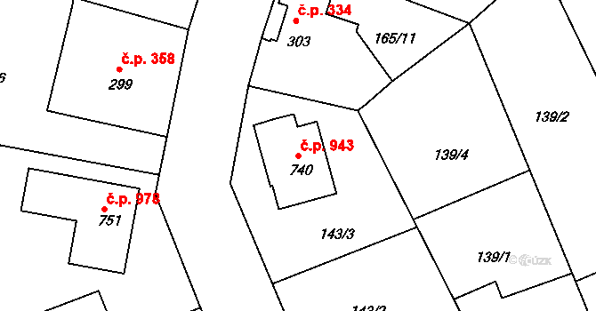 Rudná 943 na parcele st. 740 v KÚ Dušníky u Rudné, Katastrální mapa