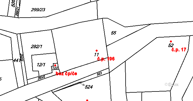 Tuchoměřice 196 na parcele st. 11 v KÚ Kněžívka, Katastrální mapa
