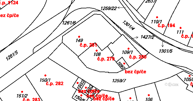 Přeštice 279 na parcele st. 108 v KÚ Přeštice, Katastrální mapa