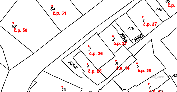 Týček 26 na parcele st. 3 v KÚ Týček, Katastrální mapa