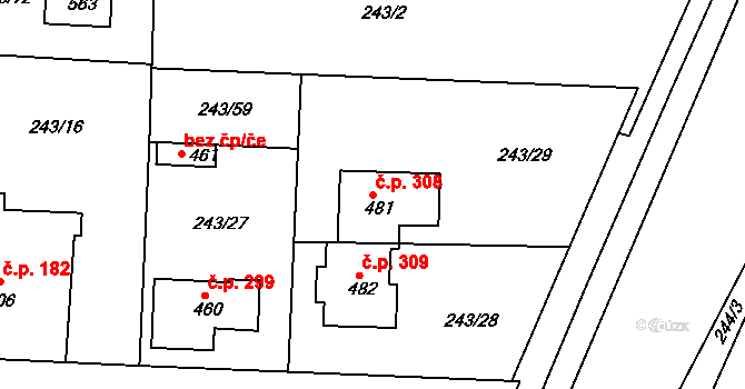 Čeperka 308 na parcele st. 481 v KÚ Čeperka, Katastrální mapa