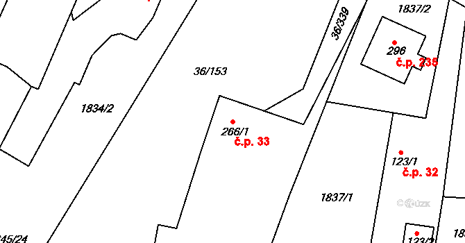 Dolní Ředice 33 na parcele st. 266/1 v KÚ Dolní Ředice, Katastrální mapa