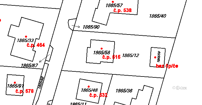 Drásov 515 na parcele st. 1865/58 v KÚ Drásov, Katastrální mapa