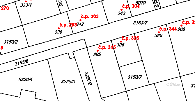 Kryry 345 na parcele st. 385 v KÚ Kryry, Katastrální mapa
