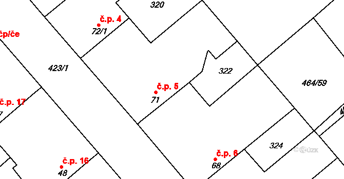 Sulec 5, Toužetín na parcele st. 71 v KÚ Toužetín, Katastrální mapa