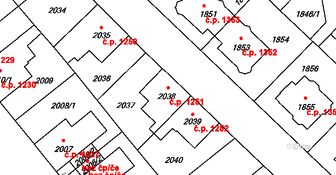 Louny 1251 na parcele st. 2038 v KÚ Louny, Katastrální mapa