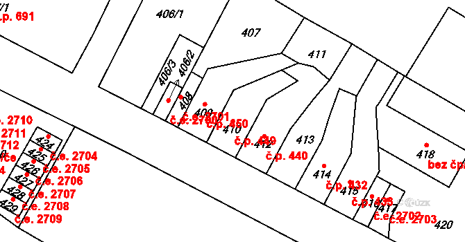Trmice 449 na parcele st. 410 v KÚ Trmice, Katastrální mapa