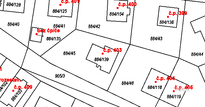 Štěnovice 403 na parcele st. 884/139 v KÚ Štěnovice, Katastrální mapa