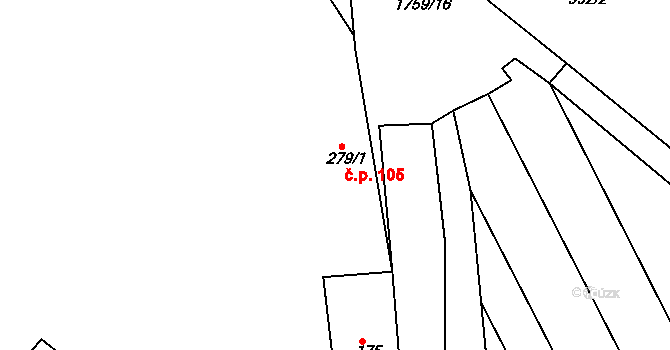Jevišovice 105 na parcele st. 279/1 v KÚ Jevišovice, Katastrální mapa
