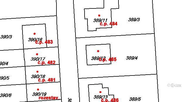 Hrdějovice 485 na parcele st. 389/12 v KÚ Hrdějovice, Katastrální mapa