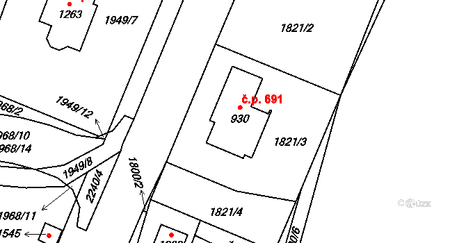 Lišov 691 na parcele st. 930 v KÚ Lišov, Katastrální mapa