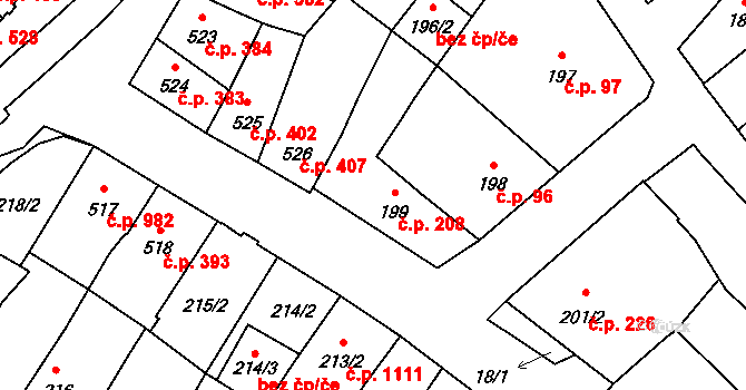 Trhové Sviny 208 na parcele st. 199 v KÚ Trhové Sviny, Katastrální mapa