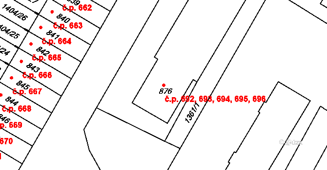Brtnice 692,693,694,695,696 na parcele st. 876 v KÚ Brtnice, Katastrální mapa