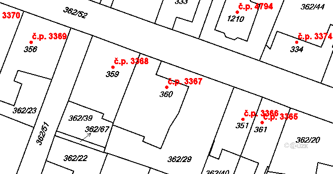 Jihlava 3367 na parcele st. 360 v KÚ Bedřichov u Jihlavy, Katastrální mapa