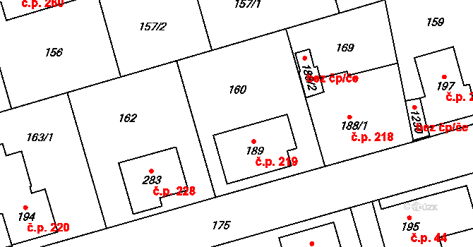 Hovorčovice 219 na parcele st. 189 v KÚ Hovorčovice, Katastrální mapa