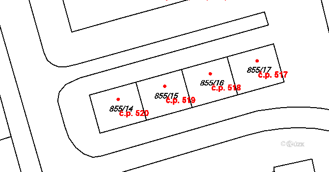 Jarošov 519, Uherské Hradiště na parcele st. 855/15 v KÚ Jarošov u Uherského Hradiště, Katastrální mapa