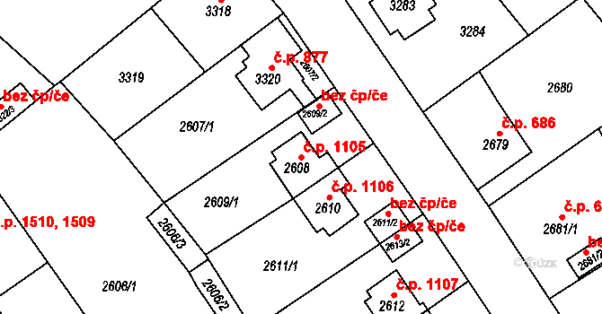 Sokolov 1105 na parcele st. 2608 v KÚ Sokolov, Katastrální mapa