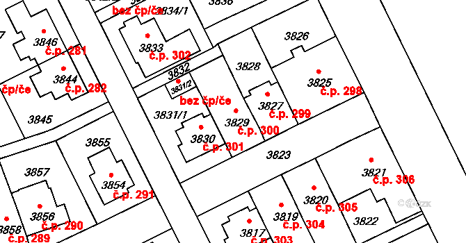Záběhlice 300, Praha na parcele st. 3829 v KÚ Záběhlice, Katastrální mapa