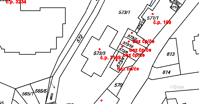 Záběhlice 3168, Praha na parcele st. 573/3 v KÚ Záběhlice, Katastrální mapa