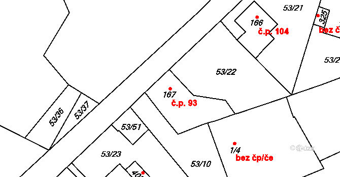 Popovice 93, Králův Dvůr na parcele st. 167 v KÚ Popovice u Králova Dvora, Katastrální mapa