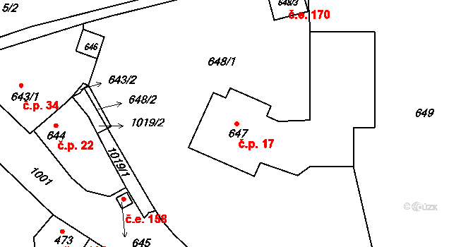 Řícmanice 17 na parcele st. 647 v KÚ Řícmanice, Katastrální mapa