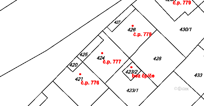 Fryštát 777, Karviná na parcele st. 424 v KÚ Karviná-město, Katastrální mapa