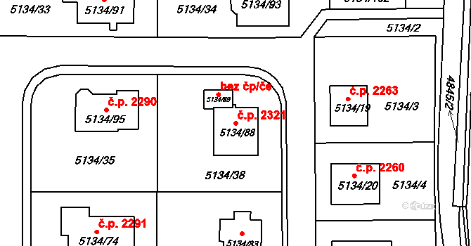 Pod Bezručovým vrchem 2321, Krnov na parcele st. 5134/88 v KÚ Krnov-Horní Předměstí, Katastrální mapa