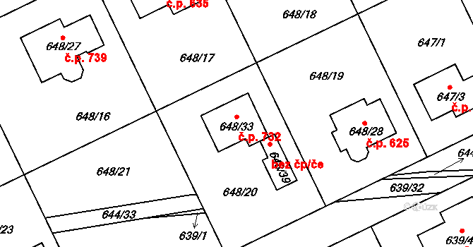Lipence 732, Praha na parcele st. 648/33 v KÚ Lipence, Katastrální mapa