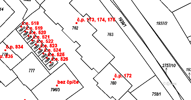Bučovice 173,174,175 na parcele st. 762 v KÚ Bučovice, Katastrální mapa