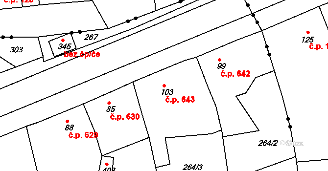 Rudná 643 na parcele st. 103 v KÚ Hořelice, Katastrální mapa