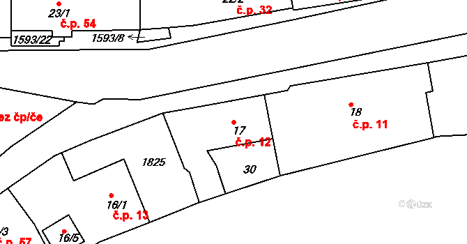 Trhanov 12 na parcele st. 17 v KÚ Trhanov, Katastrální mapa