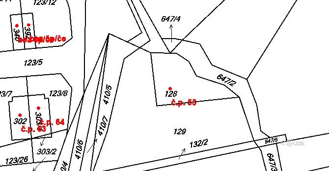 Travná 53, Horní Bradlo na parcele st. 128 v KÚ Travná u Horního Bradla, Katastrální mapa