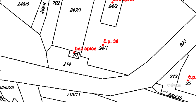 Komárov 36, Dolní Roveň na parcele st. 24/1 v KÚ Komárov u Holic, Katastrální mapa