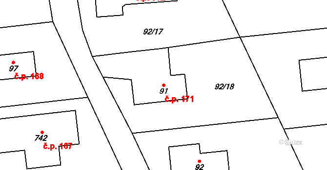 Ohrazenice 171, Pardubice na parcele st. 91 v KÚ Ohrazenice, Katastrální mapa